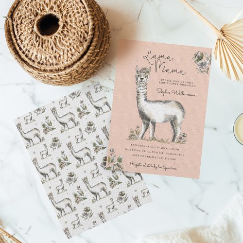 Llama Mamma Watercolor Llama Sketch Baby Shower Invitation