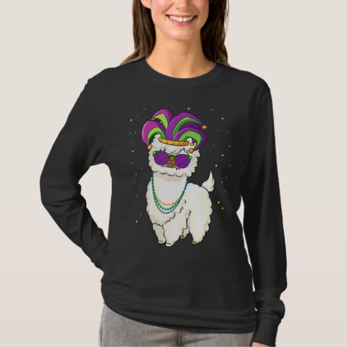 Llama Mardi Gras Alpaca With Mask  Beads for men  T_Shirt