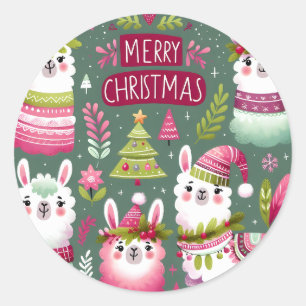 Llama Merry Christmas Classic Round Sticker