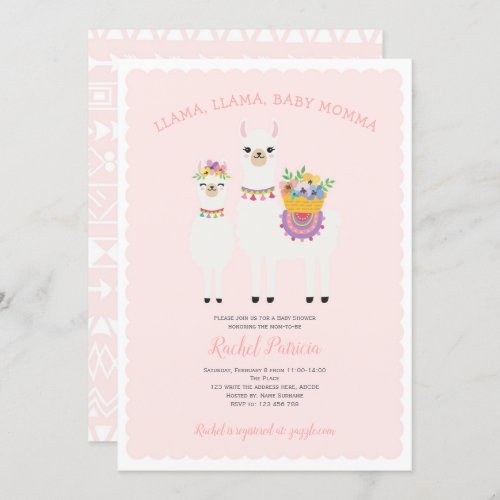 Llama Momma_ Cute Baby Girl Shower Invitation