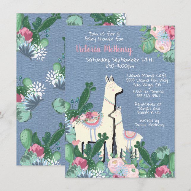 llama momma Fiesta baby shower invitations (Front/Back)