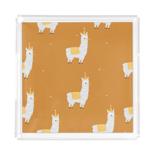 Llama orange background birthday pattern acrylic tray