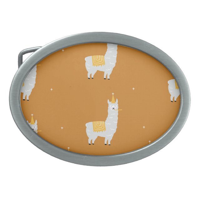 Llama, orange background: birthday pattern. belt buckle (Front)
