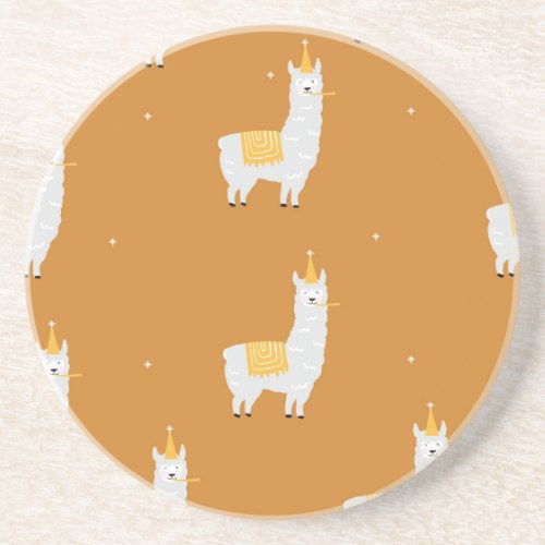 Llama orange background birthday pattern coaster