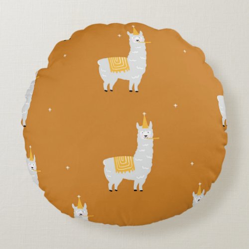 Llama orange background birthday pattern round pillow