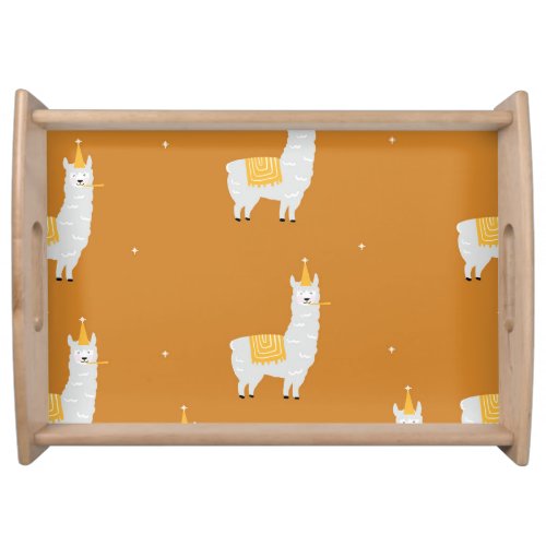Llama orange background birthday pattern serving tray