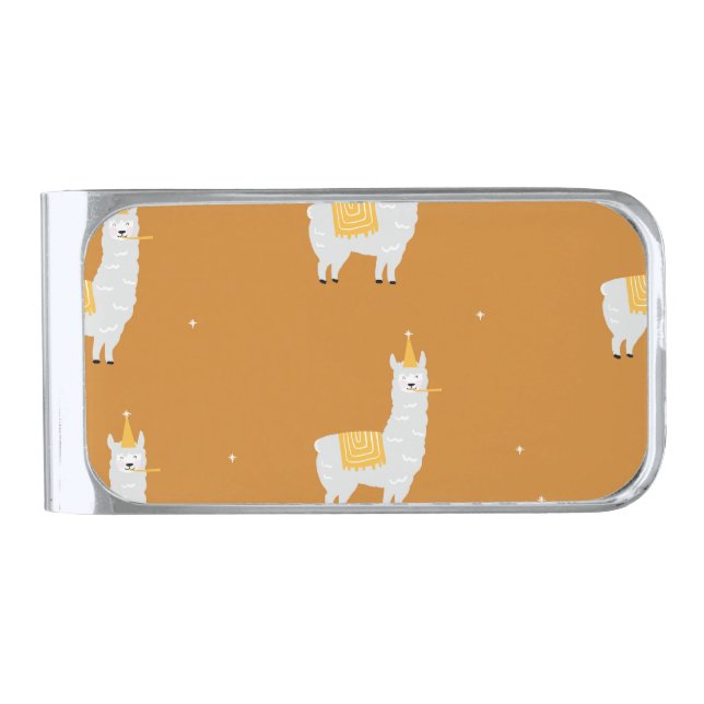 Llama, orange background: birthday pattern. silver finish money clip (Front)