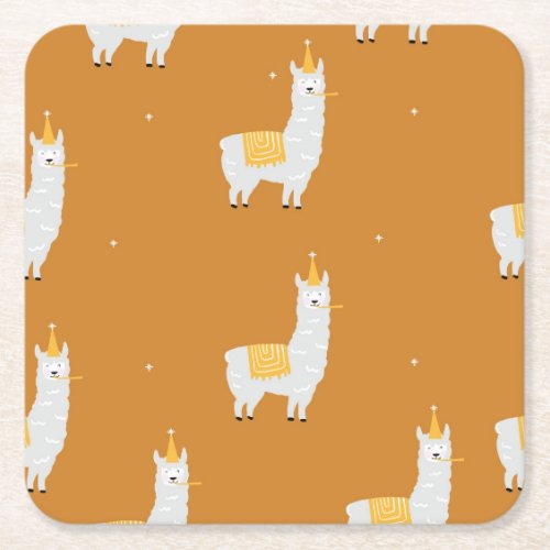 Llama orange background birthday pattern square paper coaster