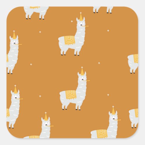 Llama orange background birthday pattern square sticker