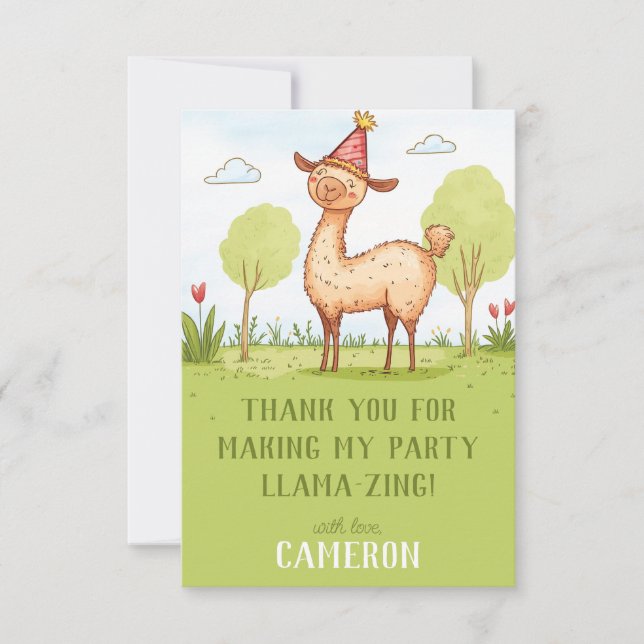 Llama outdoor kid’s birthday celebration  thank you card (Front)