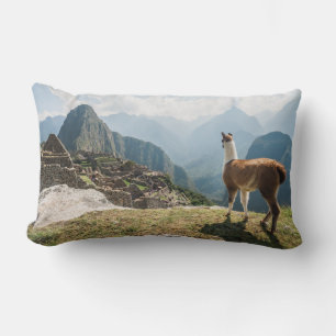 Llama Overlooking Ruins Machu Picchu, Peru Lumbar Pillow