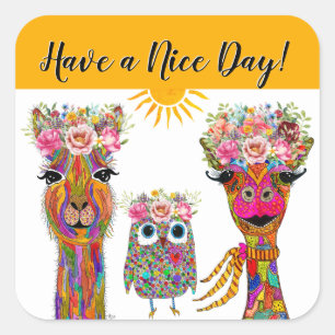 Llama, Owl and Giraffe Animal  Square Sticker