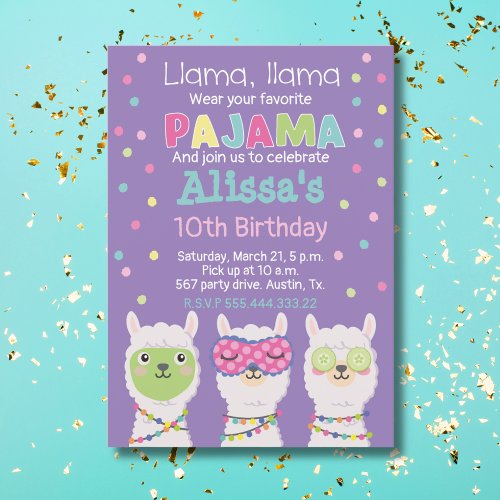 Llama pajama party spa party  invitation