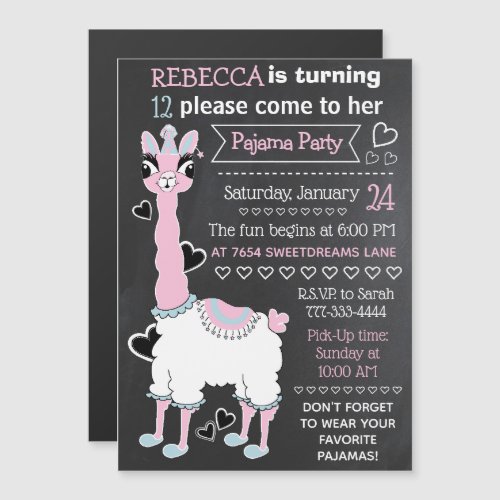 Llama Pajama Sleepover Girl Party Blackboard Style Magnetic Invitation
