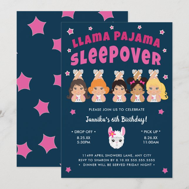 Llama Pajama Sleepover Hot pink Navy Invitation (Front/Back)
