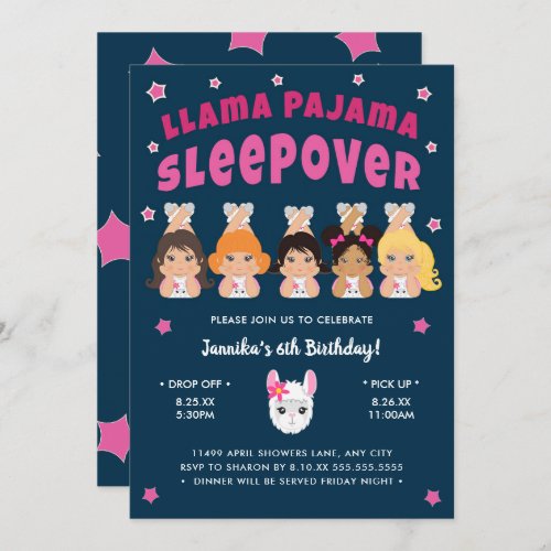 Llama Pajama Sleepover Hot pink Navy Invitation