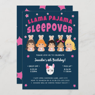 Llama Pajama Sleepover Hot pink Navy Invitation