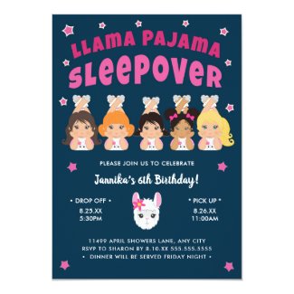 Llama Pajama Sleepover Hot pink Navy Invitation