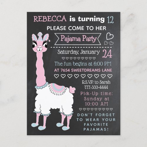 Llama Pajama Sleepover Party Chalkboard Postcard