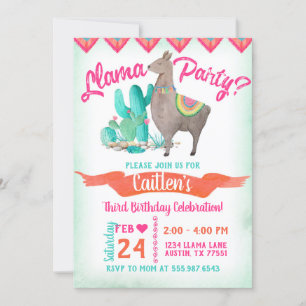 Llama Party Birthday Invitation Pink Orange Aqua