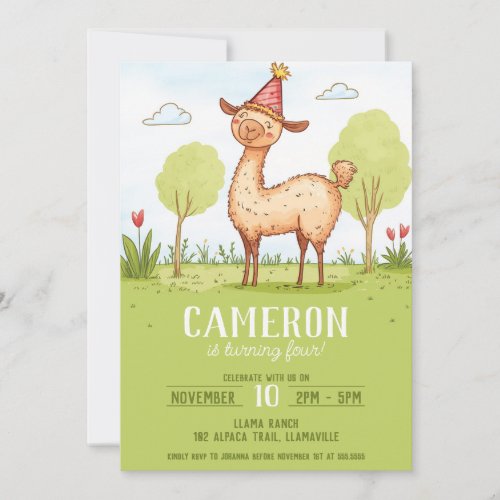 Llama party hat outdoor kids birthday invitation