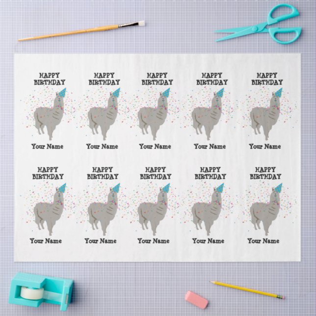 Llama Partying - Animal Having a Party Custom Name Tissue Paper (Craft)