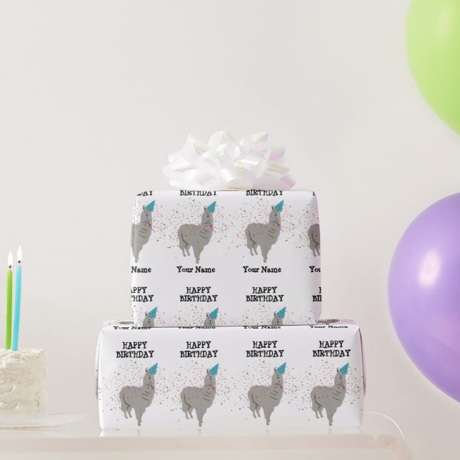 Llama Partying - Animal Having a Party Custom Name Wrapping Paper (Party Gifts)