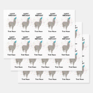 Llama Partying - Animal Having a Party Custom Name Wrapping Paper Sheets