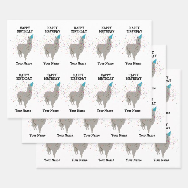 Llama Partying - Animal Having a Party Custom Name Wrapping Paper Sheets (Set)