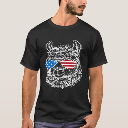 Llama Patriotic USA Flag Aviator Sun Glasses Desig T-Shirt