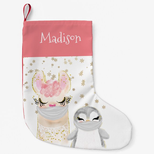 Llama Penguin Face masks Personalized Small Christmas Stocking (Front)