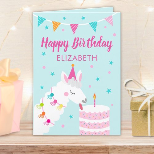 Llama Personalized Name Aqua Happy Birthday  Card