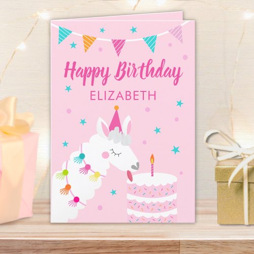 Llama Personalized Name Pink Happy Birthday Card