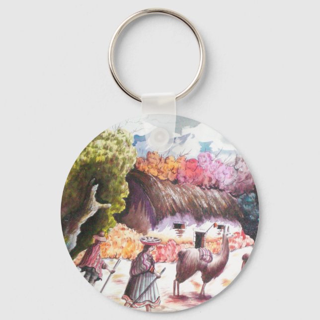 Llama Picture Peru village Keychain (Front)
