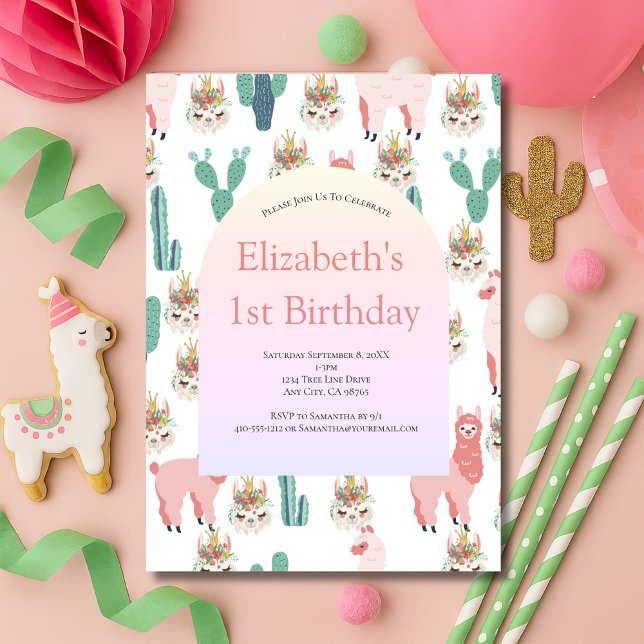 Llama Pink and Green Cactus Cute Girl Birthday Invitation (llama and cactus pink and green girls birthday invitation)