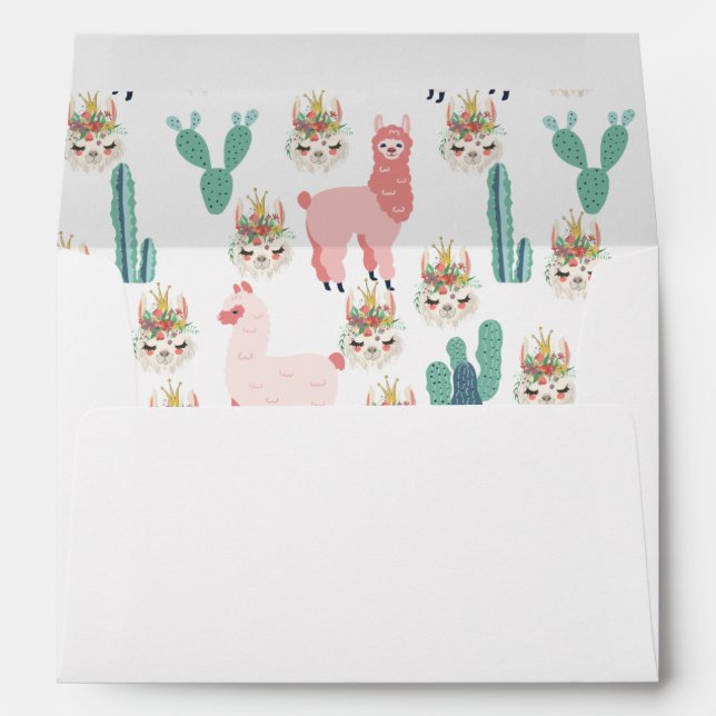 Llama Pink and Green Cactus Cute Kids Birthday Envelope (Back (Bottom))
