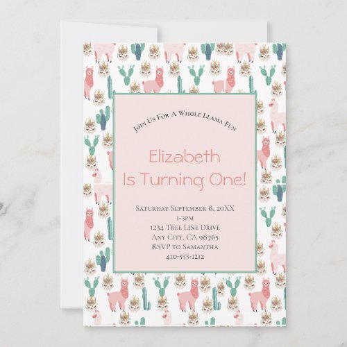 Llama Pink and Green Cactus Cute Kids Birthday  Invitation