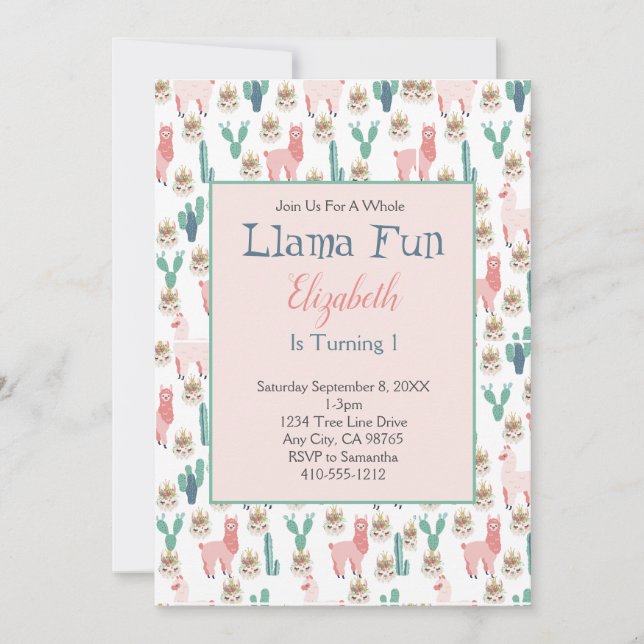 Llama Pink and Green Cactus Cute Kids Birthday  Invitation (Front)