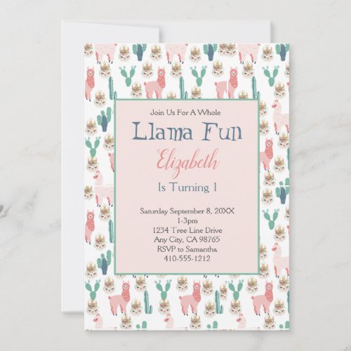 Llama Pink and Green Cactus Cute Kids Birthday  Invitation