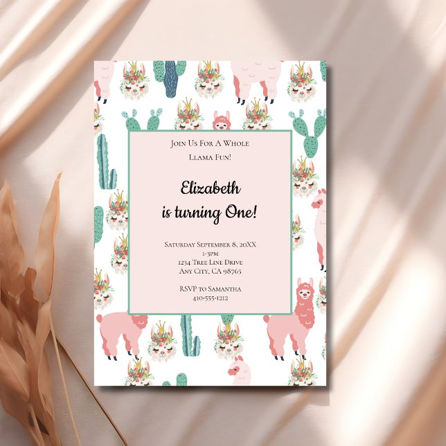 Llama Pink and Green Cactus Cute Kids Birthday Invitation (Pink Green Llama cactus Girls 1st 2nd birthday party invitation)