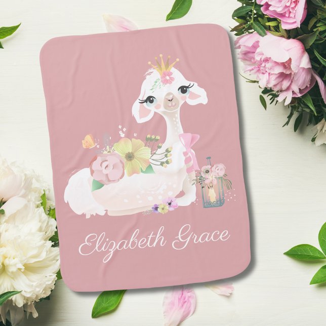 Llama Pink and White with Flowers Girly Baby Blanket (Personalized White Pink Llama Baby Blanket for Baby Girl. )