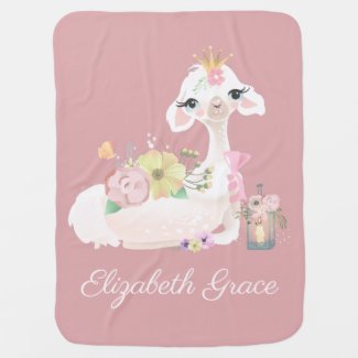Llama Pink and White with Flowers Girly Baby Blanket