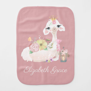 Llama Pink and White with Flowers Girly Baby Burp Cloth