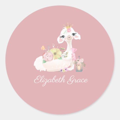 Llama Pink and White with Flowers Girly Classic Round Sticker