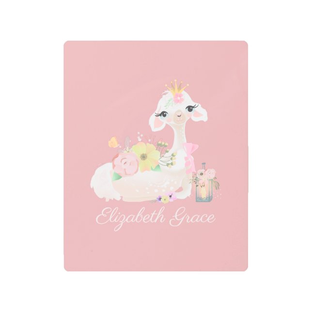 Llama Pink and White with Flowers Girly  Metal Print (Front)