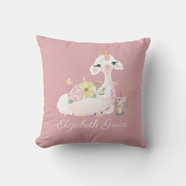 Llama Pink and White with Flowers Girly Throw Pillow (Front)