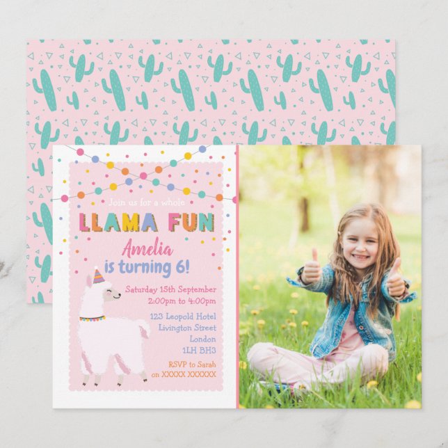 Llama Pink Birthday Party Photo Invitation (Front/Back)