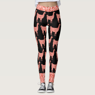 Llama pink coral glitter Sparkles pattern black Leggings