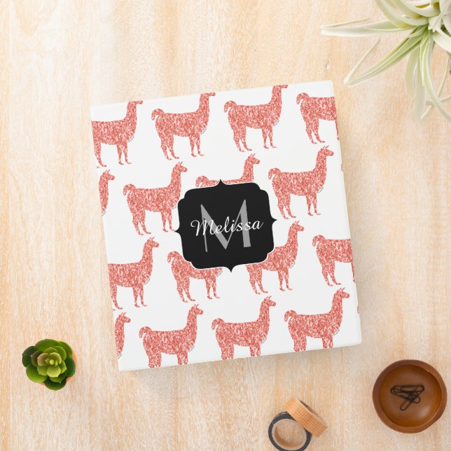 Llama pink coral glitter Sparkles pattern Monogram 3 Ring Binder (In Situ)