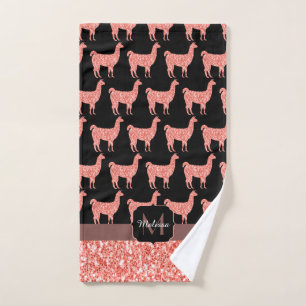 Llama pink coral glitter Sparkles pattern Monogram Bath Towel Set